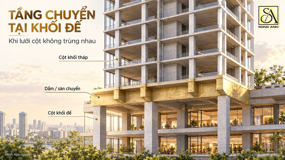 Minh họa tầng chuyển tại podium khi lưới cột khối tháp không trùng lưới cột khối đế.